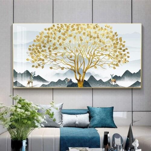 Golden Tree Deer mountain Painting Nordic Style Poster Print Wall Art Canvas Picture For Living Room Aisle Abstract Home Decor