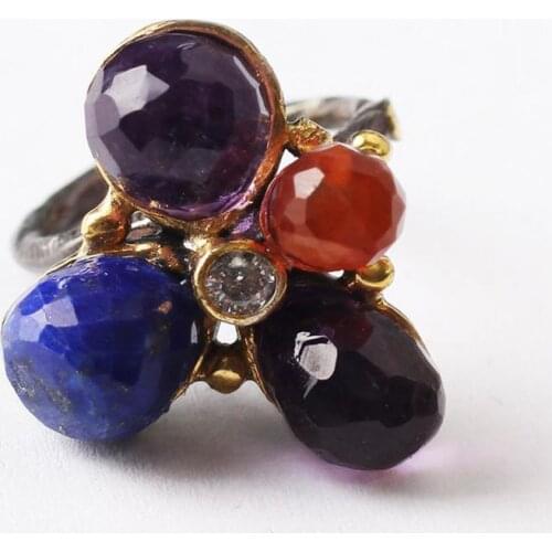Blue Lapis Lazuli and Brown Purple Zircon Gold Plated Womens Silver Ring, Woman 925Silver Zircon Handmade Ring, Multicolor