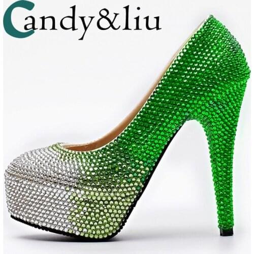 Silver and Green Gradient Crystal Wedding Shoes Handmade Super High Heels Women Pumps for Party Banquet Evening Dress Nightclub