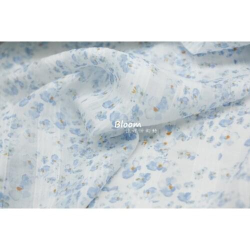 Fresh Drape Translucent White Background Sky Blue Dark Pattern Lattice Bubble Cherry Blossom Floral Chiffon Fabric Hanfu Fabric