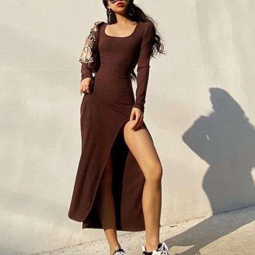 TVVOVVIN Autumn Sexy O-neck French Split Exposed Thighs Long Maxi Dress Women Slim Tight Skinny Hip Knitting Striped Robe TR60