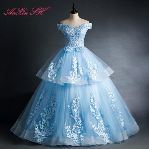 AnXin SH vintage princess sky blue lace rose flower boat neck bride ball gown beading pearls ruffles party stage evening dress