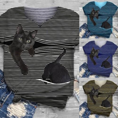 Camiseta Feminina Tee T-shirt Women Short Sleeve 3d Cat Animal Print Striped Casual Top T-shirt Ropa De Mujer Female Tees