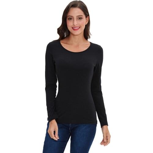 Women Basic Solid Long Sleeve T Shirt Round Crew Neck Plain Cotton Spandex Plus Size Lady tees & tops Autumn M30168
