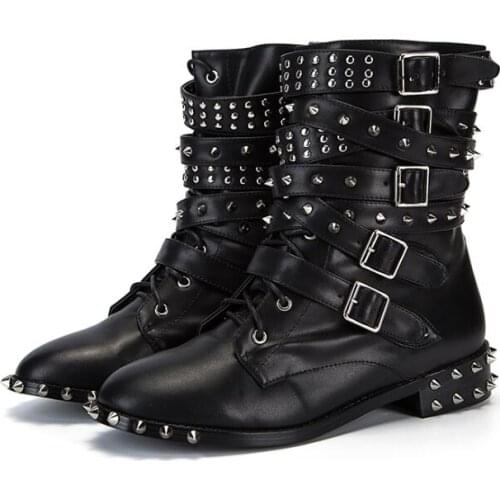 Spring Hot Women Fashion Motorcycle Boots Black Smooth Leather Pointed Toe Stud Buckles Ladies Martin Boots Knight Style Boots