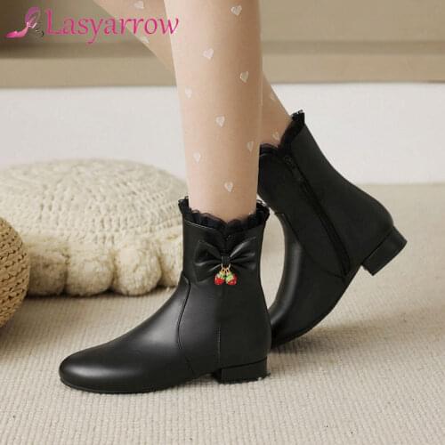 Lasyarrow Ladys Sweet Butterfly-knot Block Heel Platform Zipper Ankle Boots Bowtie Female White Black Pink Womens Shoes Size 48