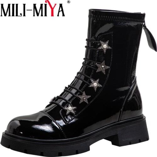 MILI-MIYA New Brand Motorcycle Ankle Boots Women Luxury Crystal Patent Leather Zipper Chunky High Heels Platform Party Wild Shoe