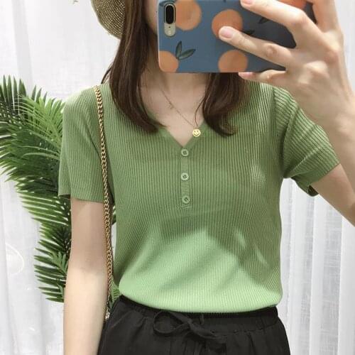 Women Spring Summer Style Knitted Sweater Pullovers Lady Casual Striped Printed V-Neck Short Sleeve Pullovers Tops ZZ0035