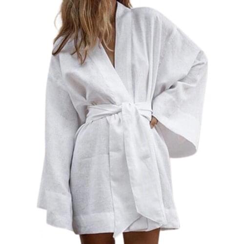 Lace Up Robe Dress Women Long Sleeve Women V Neck Solid Color Mini Dress Streetwear Casual Summer Loose White xxl Vestidos