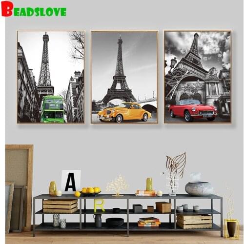 3 Pieces 5 d diamond painting Paris Tower Retro Bus Car Landscape full round diamond embroidery Multi Panel home decor