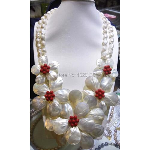 White sea shell drop flower ands red coral necklace 20inch fashion white freshwater pearl bearoque
