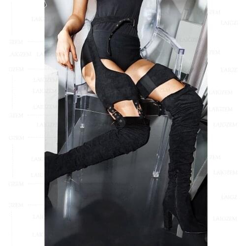 BERZIMER Women Thigh High Boots Chap Boots Waist Belt Suede Chunky Heels Side Zip Over Knee Boots Shoes Ladies Size 38 44 45 47