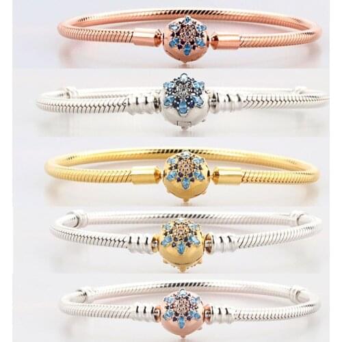 Authentic 925 Sterling Silver Pan Bracelet New Snowflake Base Chain Blue Clasp Snake Bone Bracelet Fit Diy Charm Women Jewelry