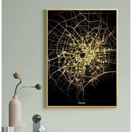 Famous City Lights and Heat Black Gold Night View Traffic Road Canvas Decoration Painting Poster Interior Personality Decoration
