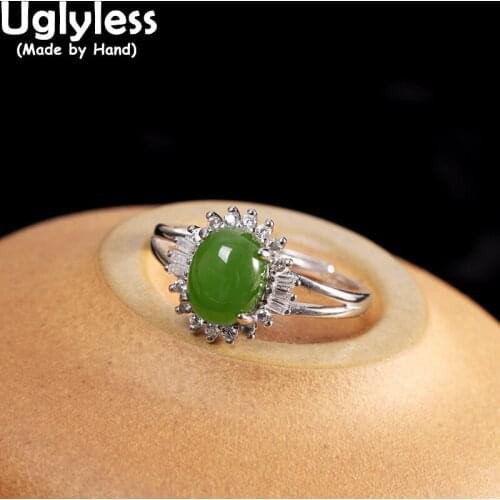 Uglyless Sparkly Zircons Crystals Dress Rings for Women Natural Green Jade Jasper Jewelry Fashion 925 Silver Rings Gemstones