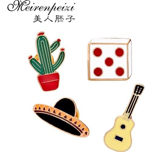 Cartoon Guitar Dice Cactus Lapel Pins Badges Pin Metal Brooches for Women Music Lovers Vintage Enamel Pins Jewelry