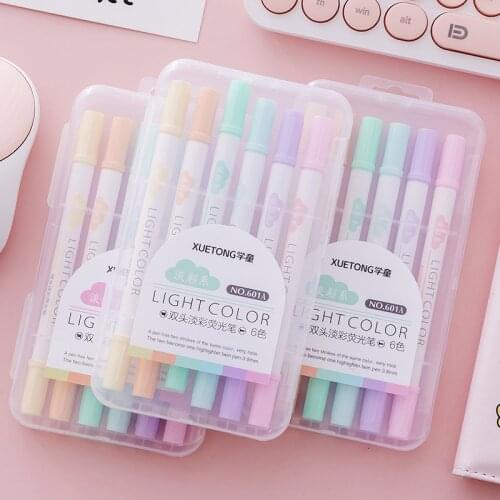 6 Pastel Color Double Head Marker Fluorescent Pen Set Fluorescent Highlighter Pen Art Writing School Office Stationery Supplies