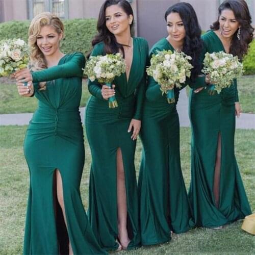 Soft Sheath Bridesmaid Dresses Deep V-neck Front Split Long Sleeves For Bridal Party Maid Of Honor Wear vestido largo boda