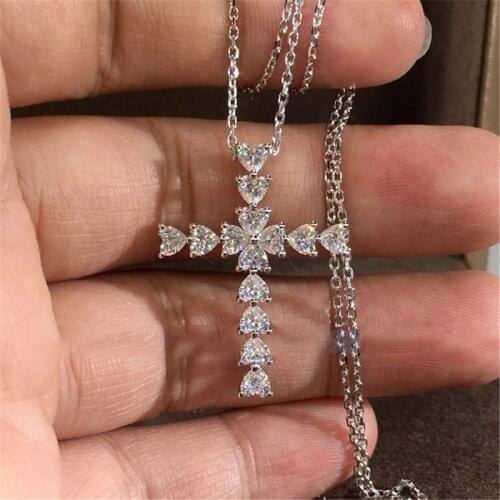 Heart cut Lab Diamond cz Cross Pendant Real 925 Sterling Silver Party Wedding Pendants Necklace For Women men Gemstones Jewelry