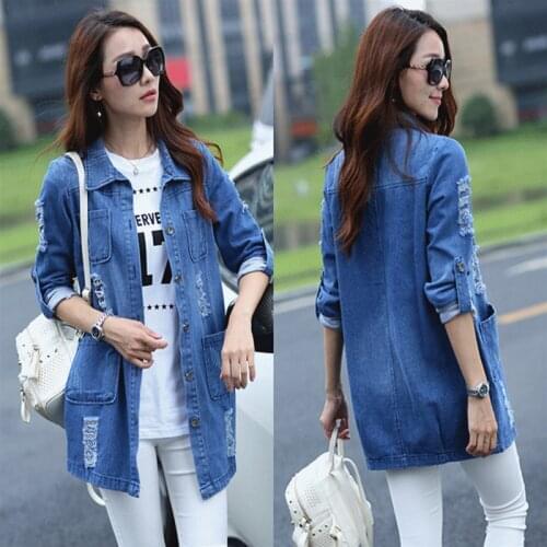 Blue Jacket Femme Basic Long Jeans Coats Women Slim Ripped Denim Elegant Vintage Frayed Jackets Outwear Casacos Feminino