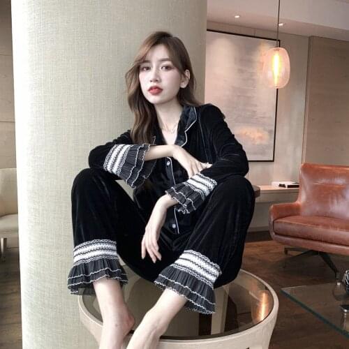 Lingering Warmth Gold Velvet Long-sleeved Two-piece Womens Pajamas Fashion Cardigan Cute Sexy Korean Lace Home Service Suit
