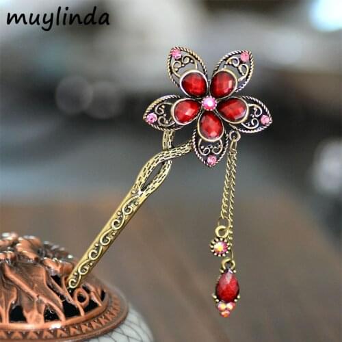 Vintage Women Hair Jewelry Rhinestone Flower Hair Stick Antique Bronze Plating Hairpins For Women
