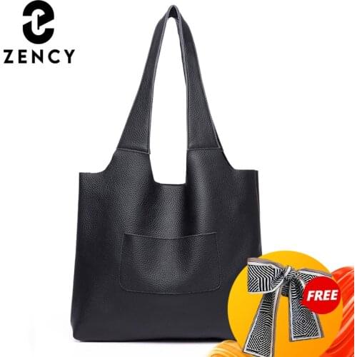 Zency Soft Genuine Leather Female Handbag Large Capacity Ladies Tote Bag Simple Casual Shopping Shoulder Bag For Women Black