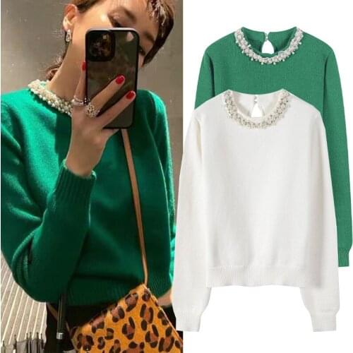 High Quality Beaded O-Neck Knitted Green White Sweater 2020 Autumn Winter Brand Design Long Sleeve New Pullover Jumper Clothing