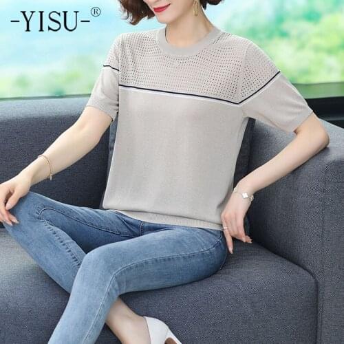 YISU New Women Clothing Summer Casual Sweater O-Neck Solid color Lines Short sleeve Jumper Female Thin Knitted Pullover