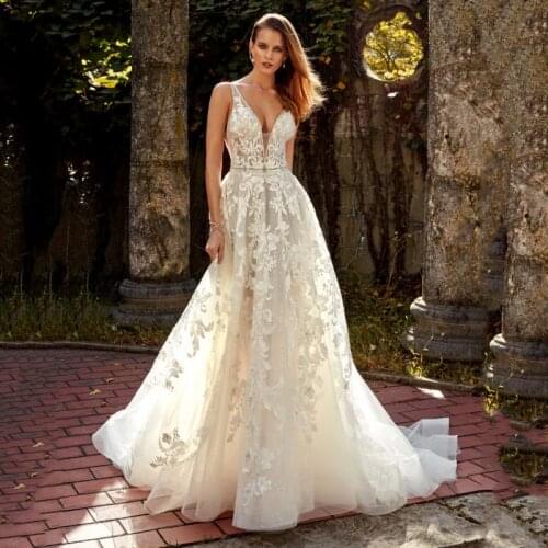 Thinyfull Elegant V Neck A Line Wedding Dresses Sleeveless Backless Bride Dresses Tulle Lace Appliques Vestido De Novia 2020