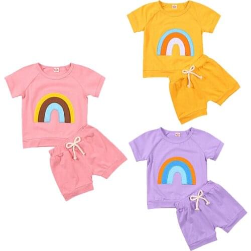 1-5Years Summer Kids Girls Rainbow Clothes Sets Printed Short Sleeve Pullover T Shirts Tops Shorts 2pcs