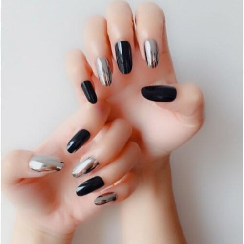 24pcs/set Punk Style Metallic Black False Fake Nails Metal Plating Acrylic Short Reflective Mirror Press on Nail Art Tips