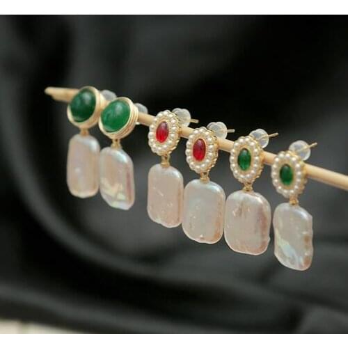 White Natural Baroque jade ruby freshwater pearl Water drop Earrings Jewellery