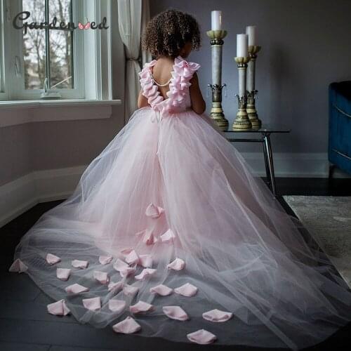 Glitter Pink Flower Girl Dresses Criss-cross Ribbons Wedding Party Dress Bow Sashes Shiny Celebrity Dresses Princess Dress