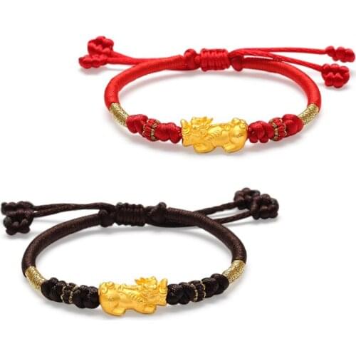 New Arrival 24K Yellow Gold Bracelet 3D Gold Dragon Son Pixiu Red String Bracelet