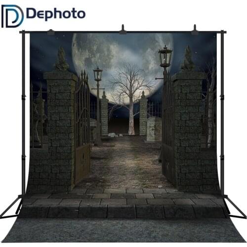 Dephoto Halloween Photography Backdrop Haunted Cemetery Gate Full Moon Horror Night Scary Doorway Gloomy Background studio Props