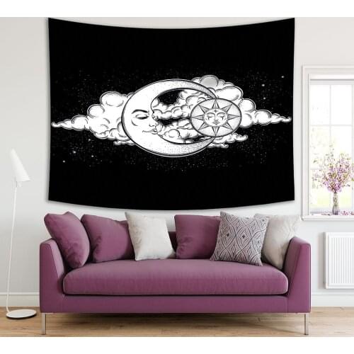 Tapestry Moon Sun Stars and Clouds Night Sky Vintage Ethnic Mythical Artwork on Dark Background Printed Black and White