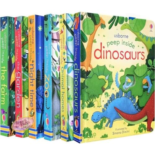 6PCS Usborne Peep Inside The Zoo Animal Farm Garden Dinosaurs English 3D Flap Picture Book Baby Kids Education Board Book Toy