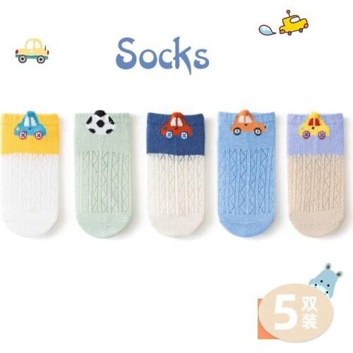 5 Pairs/Lot Summer Cotton Short Socks For Girls Boys Cartoon Cars Football Sock Soft Breathable Mesh Lovely Toddler Kids Sock
