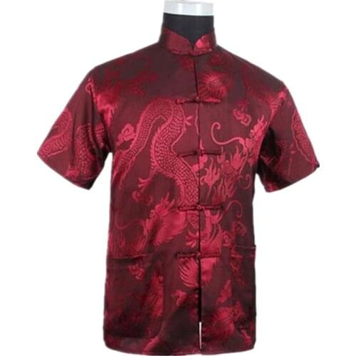 Burgundy Chinese Men Summer Leisure Shirt High Quality Silk Rayon Kung Fu Tai Chi Shirts Plus Size M L XL XXL XXXL M061308