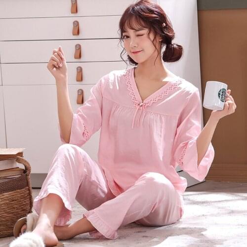 Pajamas women spring and autumn sweet cute pajamas princess lace home service summer trousers pink loose pijamas women