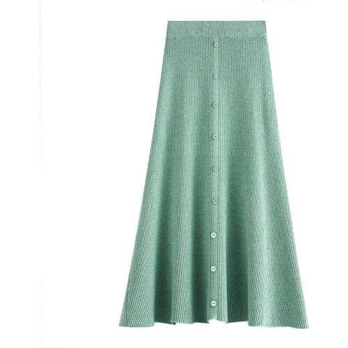High Waist Pleated Skirt Single-Breasted Mid-Length A-Line Skirt Knitted Long Skirts Daily Wear