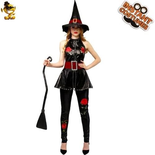 Halloween Womens Sexy Witch Leather Dresses with Red Rose Purim Party Fancy Dress Up Role Play Wizard Outfits for Adult Female