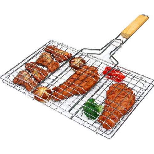 Foldable BBQ Grilling Basket Stainless Steel Nonstick Barbecue Grill Basket Tools Grill Mesh for Fish Steak Vegetable Holder