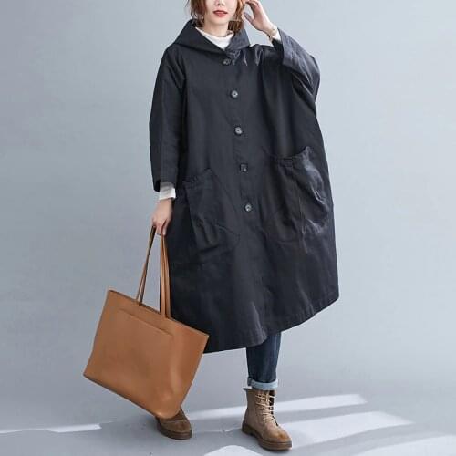 Women Oversized Loose Trench Coats Spring Long Windbreakers Female Hooded Big Pocket Overcoat Black Single-breasted Trench Coats