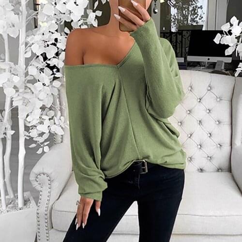 Women Casual Solid Long Sleeve Tshirt Long-sleeved V-neck Loose Top T-shirt Femme Vintage Clothes Camisetas De Mujer Camisetas