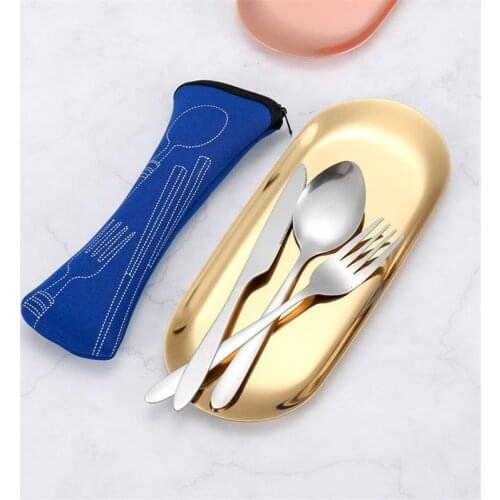 3pcs/7pcs Set Dinnerware Portable Printed Stainless Steel Spoon Fork Steak Knife Set Travel Cutlery Tableware with Bag