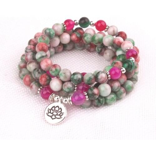 8mm Mix Natural Stone Beads With Lotus OM Buddha Charm Bracelet For Women 108 Mala Yoga Jewelry Gift