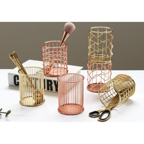 Makeup Holder Desk Brush Organizer Stand Pencil Marker Pen Holder Rose Gold Hexagon Iron Office Accessories Storage Container