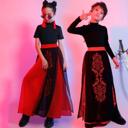 Children Hip Hop Outfits For Boys Girls Clothes Ancient Folk Dance Costumes Chinese Hanfu Style Top+Skirt Kids Stage Costume
